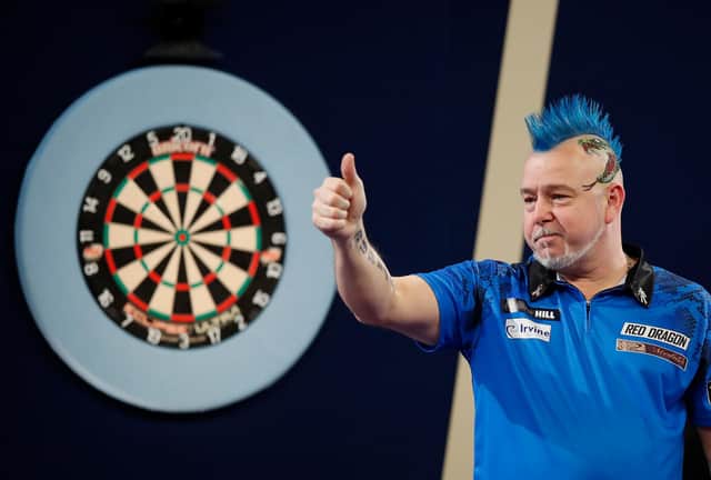 Peter Wright of Scotland reacts to the win during his Semi-Finals Match against Gary Anderson of Scotland during Day Fifteen of The William Hill World Darts Championship at Alexandra Palace on January 02, 2022 in London, England. Picture: Luke Walker/Getty Images