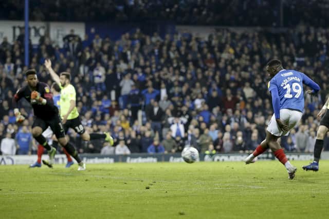 Viv Solomon-Otabor thinks he has given Pompey the lead in a pivotal promotion game against Peterborough in April 2019 - but it was ruled out for offside. Picture: Robin Jones