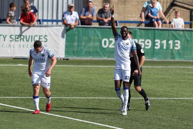Mo Faal celebrates after scoring his  first goal against Dover. Picture by Dave Haines