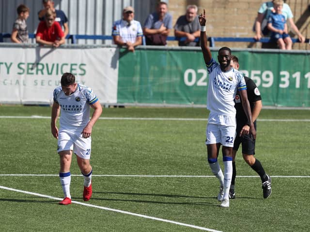 Mo Faal celebrates after scoring his  first goal against Dover. Picture by Dave Haines