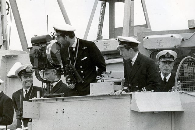 For once he was not in command. Lord Mountbatten watches as Prince Charles brings his minehunter HMS Bronington alongside at HMS Vernon, Portsmouth,