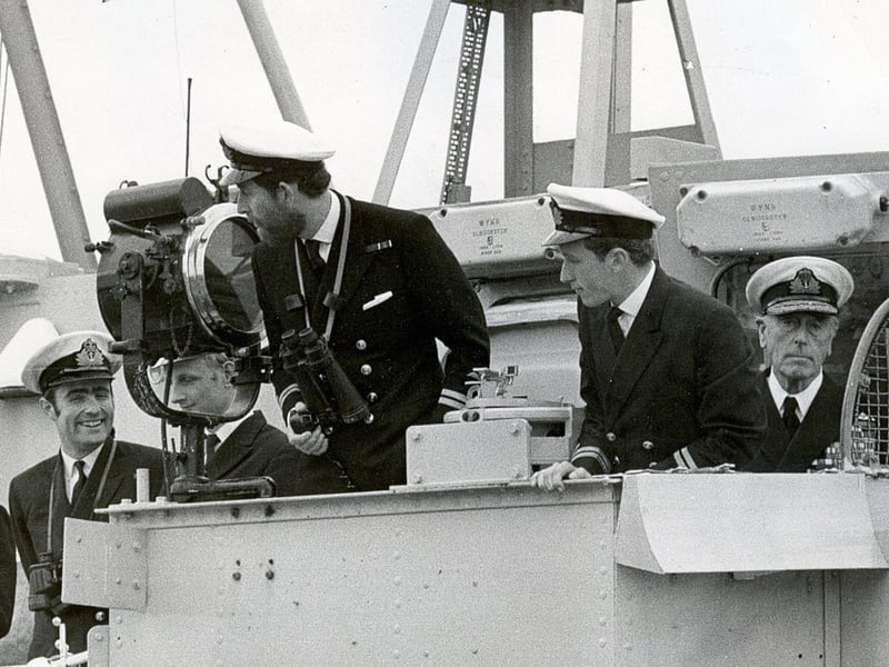For once he was not in command. Lord Mountbatten watches as Prince Charles brings his minehunter HMS Bronington alongside at HMS Vernon, Portsmouth,