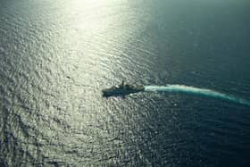 HMS Trent in Africa, as viewed from its Puma surveillance drone. Picture: Royal Navy.