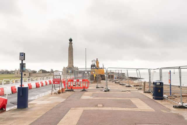 The repair work underway at sea defences by Southse's naval war memorial. Picture: Keith Woodland (140320-60)