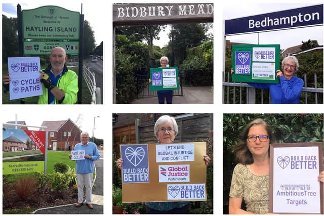 Havant residents are delivering a letter to Alan Mak MP as part of the Build Back Better campaign. Top l-r is Wilf Forrow of Havant Climate Alliance and Cycle Hayling, two images of Margaret Lockyer of Havant Build Back Better and Havant Climate Alliance. Bottom row l-r is Graham Crane of Havant Climate Alliance, Sue James, chairman of Global Justice Portsmouth and south east Hampshire, and Judy Valentine, Havant Tree Warden and Havant Climate Alliance