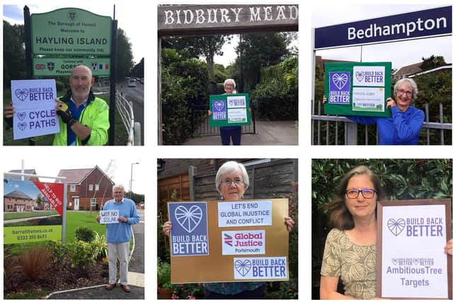 Havant residents are delivering a letter to Alan Mak MP as part of the Build Back Better campaign. Top l-r is Wilf Forrow of Havant Climate Alliance and Cycle Hayling, two images of Margaret Lockyer of Havant Build Back Better and Havant Climate Alliance. Bottom row l-r is Graham Crane of Havant Climate Alliance, Sue James, chairman of Global Justice Portsmouth and south east Hampshire, and Judy Valentine, Havant Tree Warden and Havant Climate Alliance