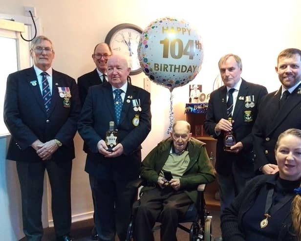 L to R: Keith Ridley (RNA National Vice President), Cdr L-R Les Smith, Christ Buckley, George (holding his Arctic Star), CPO Rab Butler, WO1 Jonny Keiller, and former City of Lincoln Mayor, Jackie Kirk.