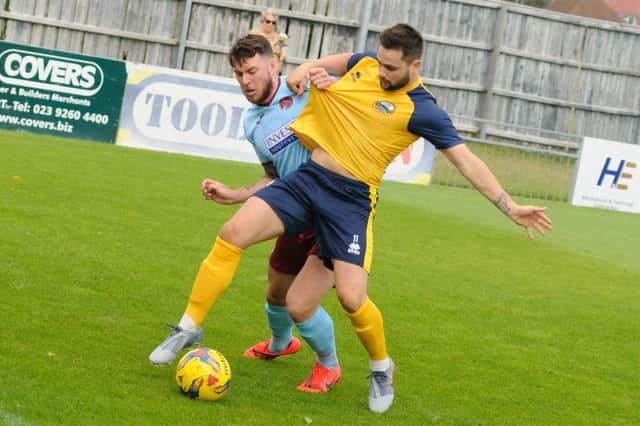 George Barker, pictured in action for Gosport last season, netted on his Moneyfields league debut at Cinderford. Picture: Duncan Shepherd