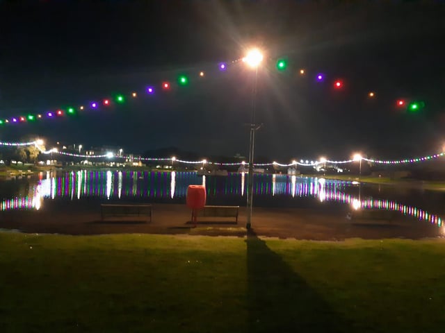 The flooded Canoe Lake by night.