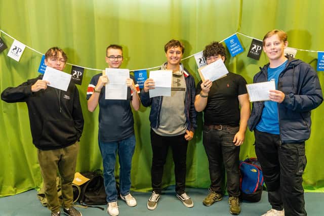Aaron Hensley, Andrew Morgan, Logan Cooksley, Jordan Kharoubi, Angus Blakely with GCSE results. Picture: Matthew Clark