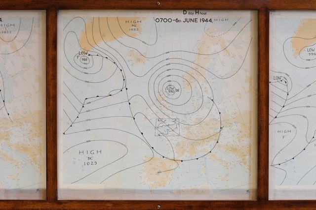 A weather map for conditions in the English Channel on D-Day at H-Hour is seen in the Map Room of  Southwick House. The decision to delay the landings by 24 hours was made here following warnings of severe weather potentially leading to failure. (Photo by Leon Neal/Getty Images)