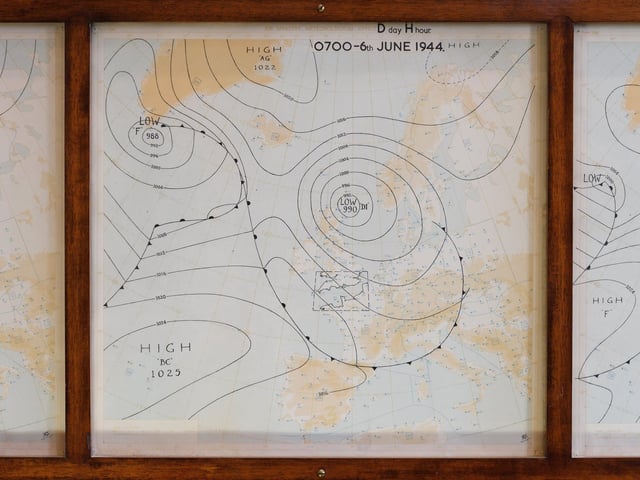 A weather map for conditions in the English Channel on D-Day at H-Hour is seen in the Map Room of  Southwick House. The decision to delay the landings by 24 hours was made here following warnings of severe weather potentially leading to failure. (Photo by Leon Neal/Getty Images)