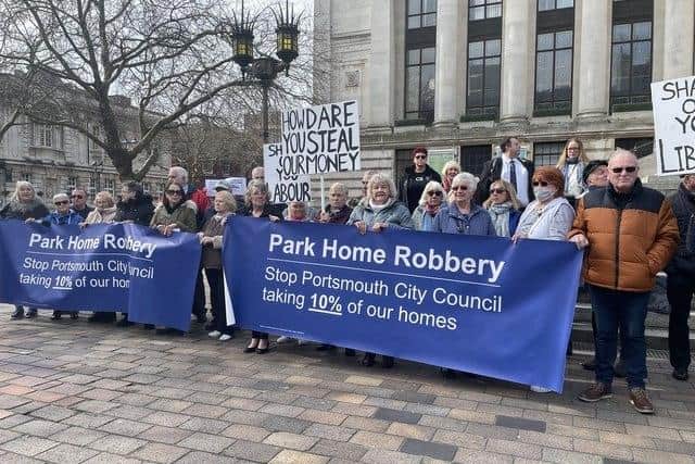 A protest by mobile home owners in Guildhall Square on March 15, 2022