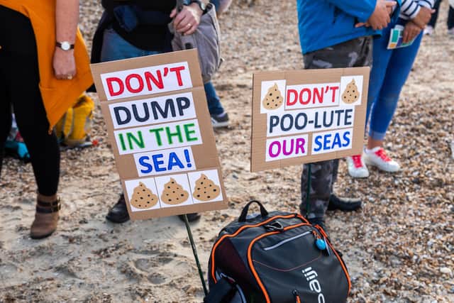 Protest signs at Southsea Beach during a 2021 protest against Southern Water Picture: Mike Cooter (161021)