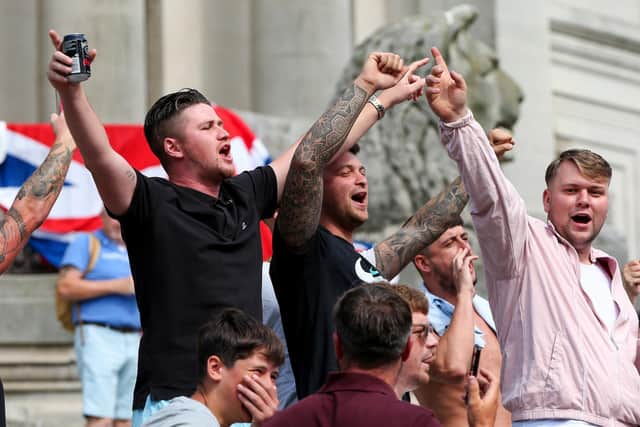 Protestors at the Guildhall Square, Portsmouth, demonstration. Picture: Chris  Moorhouse (030824-42)