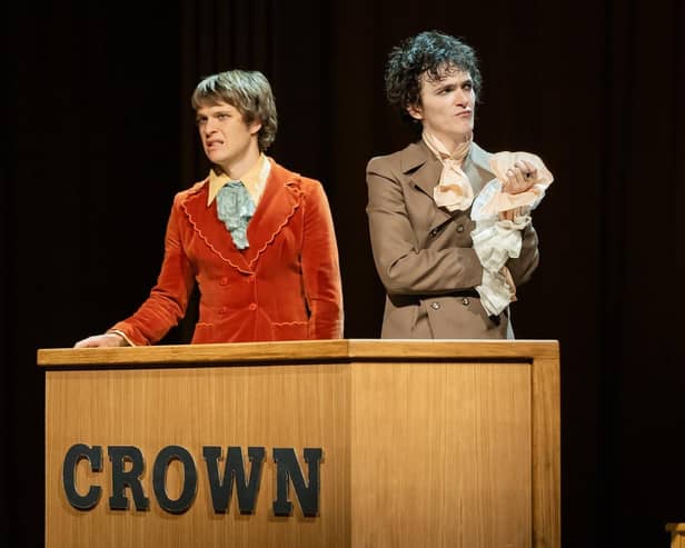 Jasper Talbot as Mick Jagger, Brenock O'Connor as Keith Richards in Redlands at Chichester Festival Theatre. Photo by Ikin Yum