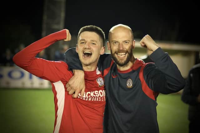Horndean pair Tommy Tierney, left, and Tom Jeffes celebrate. Picture by Martin Denyer