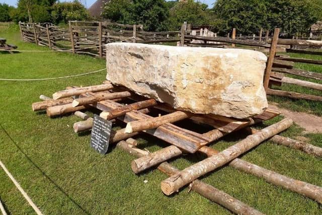The three-and-a-half ton stone to be moved into place and stood upright using traditional methods at Butser Ancient Farm as part of their 50th anniversary celebrations, on July 27, 2022