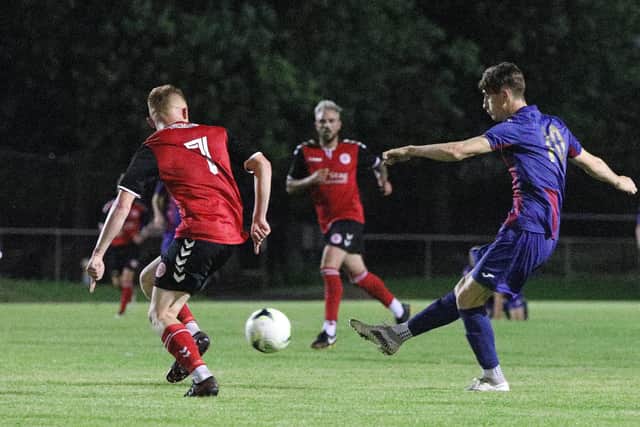 Joe Johnson scores US Portsmouth's opening goal against Bournemouth Poppies. Picture: Chris Moorhouse