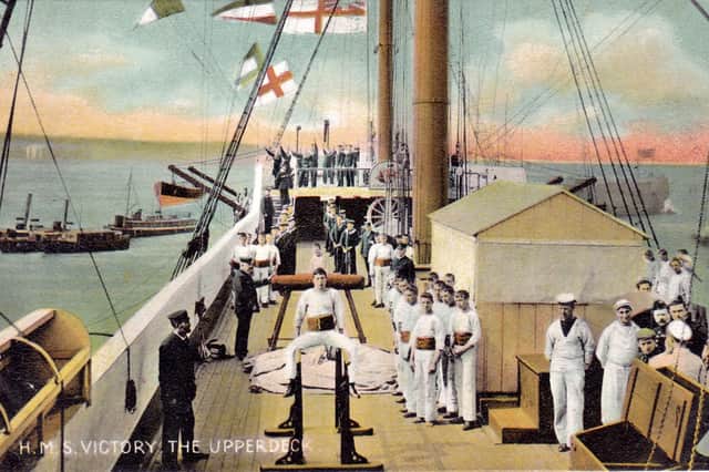 Boy seamen exercising on the upper deck of HMS Victory about 1905. Picture: Robert James postcard collection.