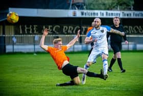 Danny Phillips goes for goal during Infinity's 7-0 friendly win against Broughton at Romsey on Wednesday. Picture: Paul Paxford.