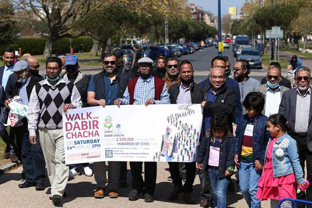Walkers for Dabirul Islam Choudhury raising funds for victims of Covid-19 in the UK, Bangladesh, Pakistan and 45 more countries, pictured at the D-Day Museum, Southsea
Picture: Chris Moorhouse (jpns 240421-25)