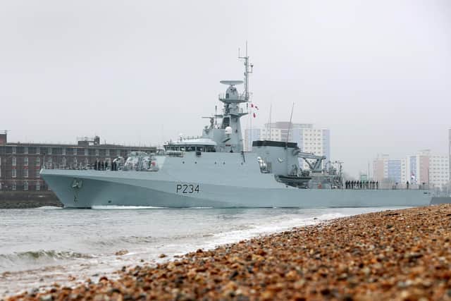 Pictured is HMS SPEY sailing for the first time out of Portsmouth as a fully-fledged member of the Overseas Patrol Squadron. The ship is due to deploy to the Pacific soon.