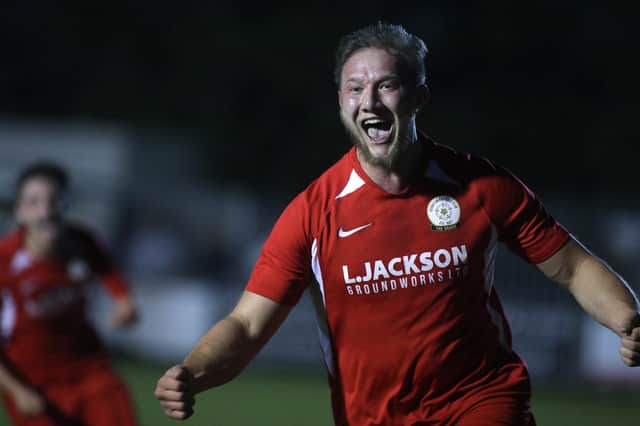 Connor Duffin celebrates giving Horndean the lead against Moneyfields. Picture Stuart Martin
