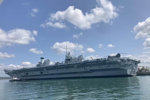 HMS Queen Elizabeth alongside Portsmouth on the morning of June 22. Jake Corben - JC Maritime Photos. GV