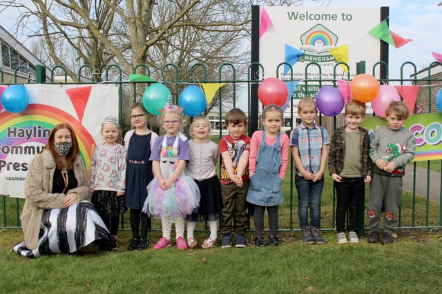 Mengham Infant School in Hayling Island, returned to school on Monday, March 8. Headteacher Lindsay Rebbitt with some of the Year R pupils. Picture: Emily Turner