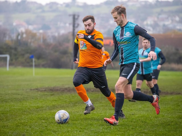 Bransbury Wanderers Reserves (orange) v Farlington Rovers. Picture by Alex Shute