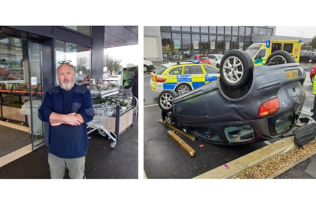 James Castley, 58, left, and the Toyota Yaris he rescued a woman in her 20s from this morning. Picture: Neil Fatkin