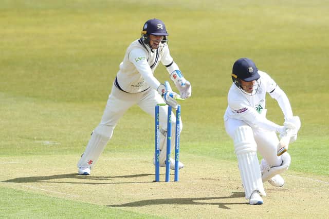 Hampshire's Joe Weatherley is stumped by John Simpson off the bowling of Ethan Bamber. Photo by Warren Little/Getty Images.