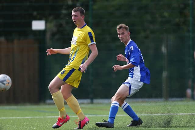 Charlie Crook, right, netted Denmead's winner against Kingsclere at Front Lawn after they had trailed 2-0. Picture: Chris Moorhouse