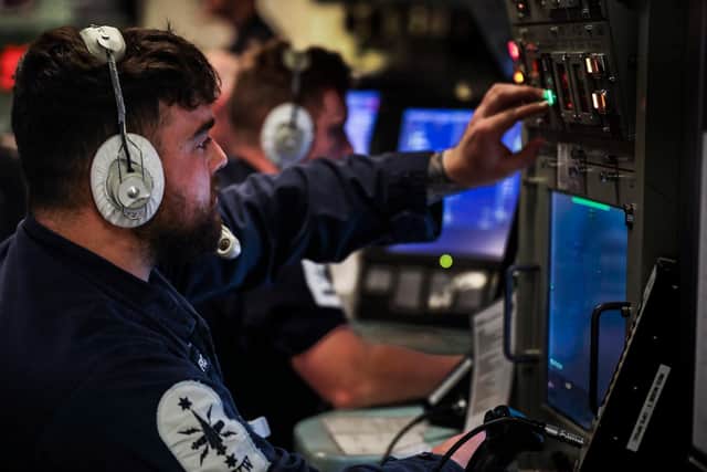 The operations room of one of the Royal Navy's most modern warships the Type 45 destroyer HMS Dragon during an air defence exercise off the Scottish, Hebride Isles