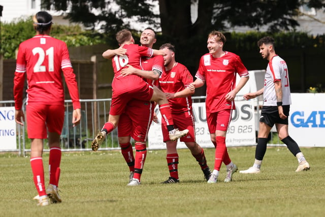 AFC Stubbington celebrate after scoring in their Oscar Owers Cup final victory over Rowner Rovers. Picture: Kevin Shipp