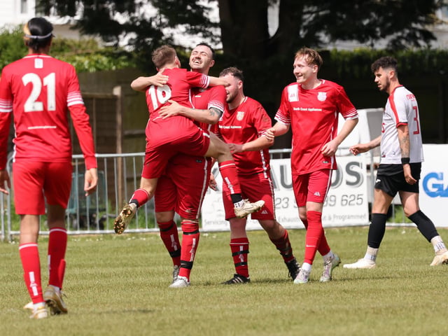 AFC Stubbington celebrate after scoring in their Oscar Owers Cup final victory over Rowner Rovers. Picture: Kevin Shipp