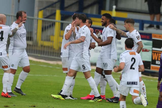 Jonah Ayunga celebrates scoring against Dartford. Photo by Dave Haines