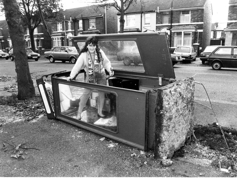 The Great Storm A smashed telephone box on its side in Copnor Road, Portsmouth     6934-2 The Great Storm -Uprooted telephone box in Copnor Road