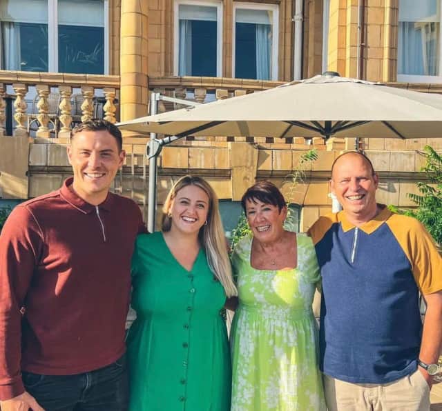 L-R Adam Playford with his wife Hannah, mum Patricia, and dad, Gary