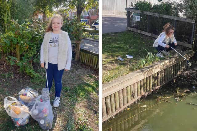 Abigail Buckland, 11 from North End, cleaned up Baffins Pond and hopes to inspire others to do the same. Pictured: Left is Abigail with three bags of litter collected, and right shows Abigail getting stuck in to collecting rubbish