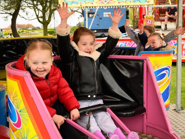 Southsea Travelling Funfair is proving popular with locals. The funfair is currently on Castle Field, Southsea, and will be there until May 6, 2024. Pictured is: Jexie Jones and Willow Grace enjoy the ridesPicture: Keith Woodland (270421-68)