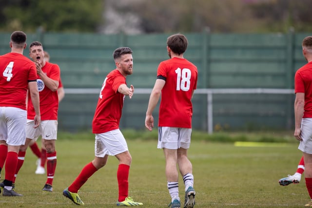 Gosport Town celebrate after scoring in their 4-0 victory over Lee Rangers in the Portsmouth & District FA Trophy final at Cams Alders. Picture: Alex Shute
