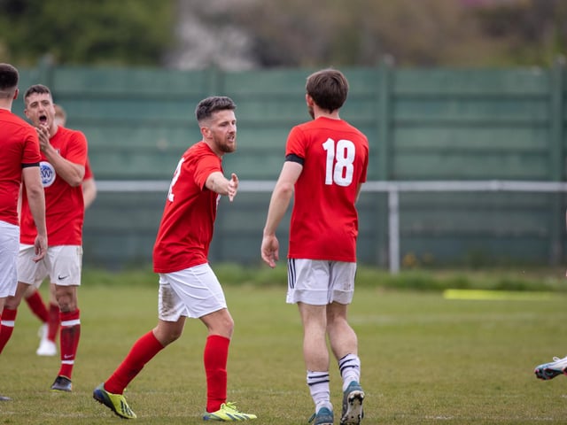 Gosport Town celebrate after scoring in their 4-0 victory over Lee Rangers in the Portsmouth & District FA Trophy final at Cams Alders. Picture: Alex Shute