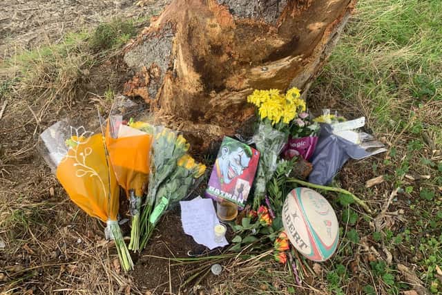 Tributes have been left for a 20-year-old man who died in West Lane, Hayling Island, just before 7.30am on Saturday, October 10 when the black Mazda 2 he was driving left the road and hit a tree just south of Daw Lane. Picture: Sarah Standing