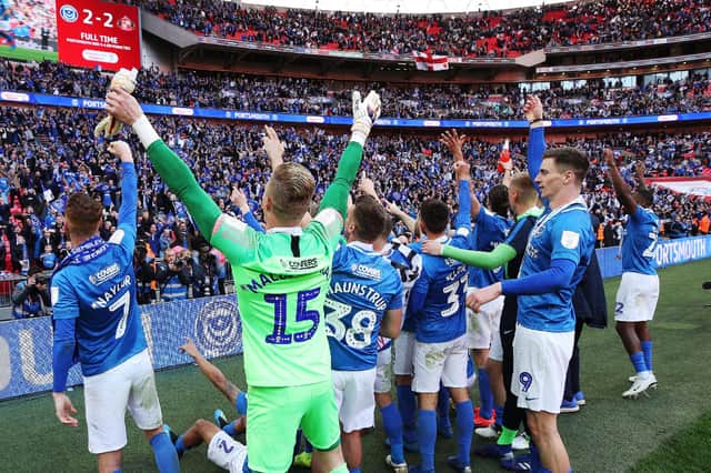 Pompey celebrate their EFL Trophy triumph at Wembley in March 2019. Picture: Joe Pepler