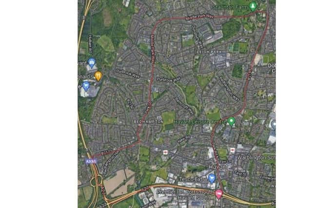 Map showing a dispersal zone, outlined in red, put in place in Leigh Park/Havant on October 29/30, 2022