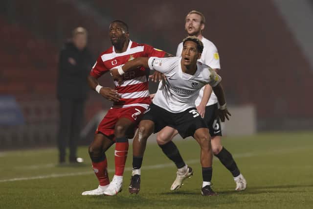 Pompey boss Kenny Jackett opted for a back three for the 2-1 defeat at Doncaster, with Haji Mnoga (pictured) and Charlie Daniels as wing-backs. Picture: Daniel Chesterton/phcimages.com