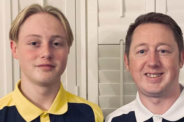 Josh Hughes, left, with dad Anthony, in their Moneyfields shirts