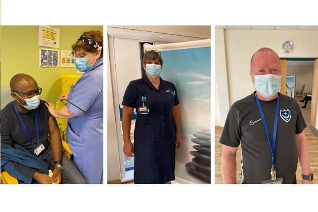 Staff at QA getting their Covid booster jabs. Pictured: consultant Ike, stroke nurse Lisa and Anthony from the sterilisation and disinfection unit. Picture: PHU